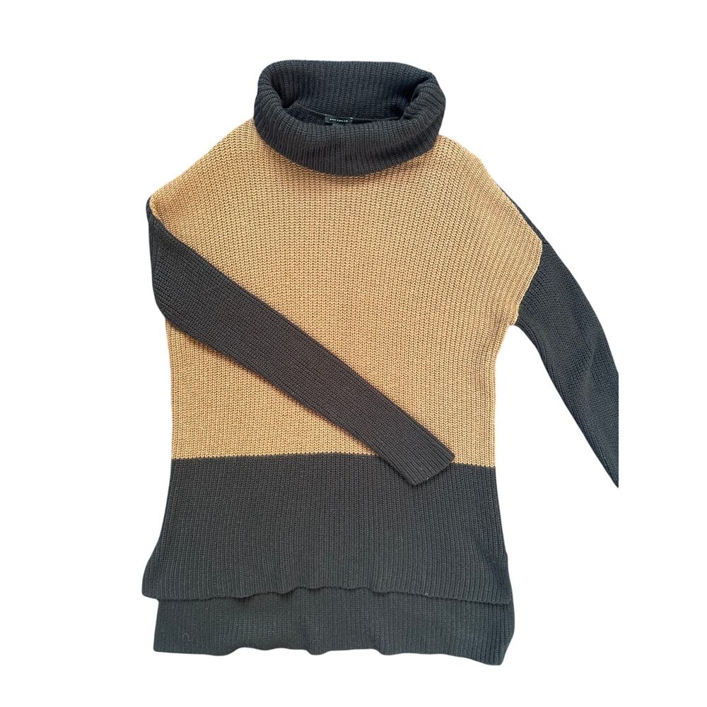Ann Taylor Camel Black Wool Blend Colorblock Turtleneck Sweater M